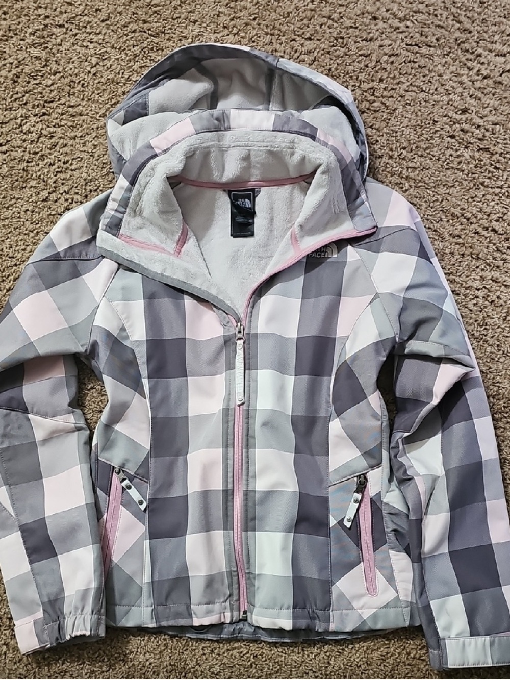 The North Face Pink Gray White Plaid Hooded Jacket